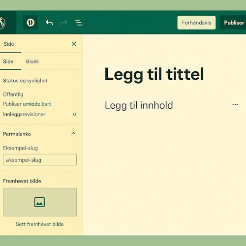 Skjermbilde av WordPress-editor hvor en ny side opprettes med tittel og innhold
