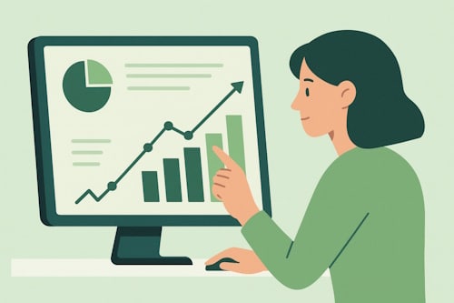 Illustrasjon av en kvinne som analyserer grafer og kundedata på skjerm, brukt til seksjon som forklarer hvorfor KI-analysen er nyttig før man bestiller ny nettside.