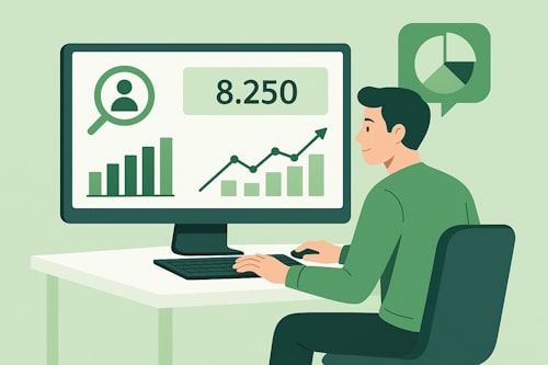 Illustrasjon av en person som analyserer kunde- og trafikkdata på skjerm, brukt som hero-bilde for KI-analyse av ny nettside.