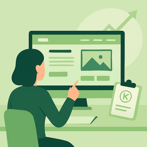 Illustrasjon av en person som vurderer en ny nettside-løsning på skjermen, med moderne design og et fokus på vekst og konvertering.