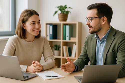 Lite regnskapsbyrå i møte med IT-konsulent i uformell men profesjonell setting