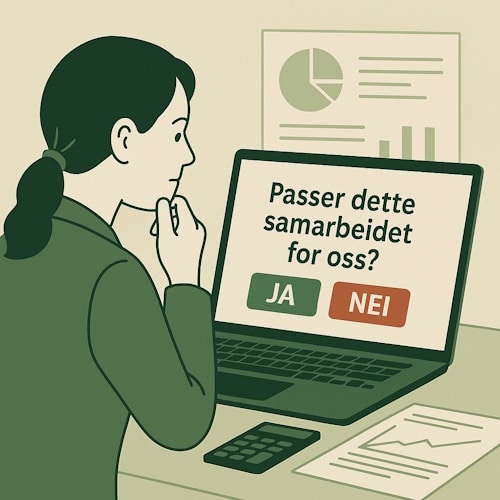 Regnskapsrådgiver som vurderer om et samarbeid passer, med tydelige ja og nei-valg på skjerm