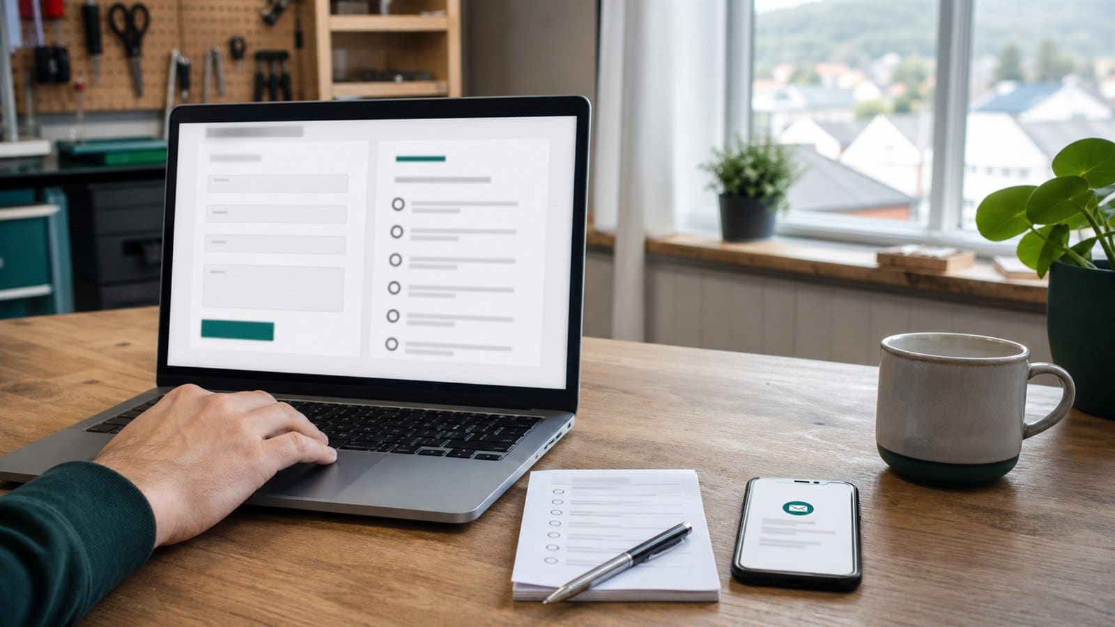 Laptop med kontaktskjema, sjekkliste og mobil som viser kontroll av e-postlevering.
