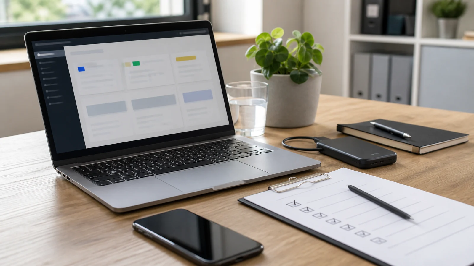 Laptop med nettsideoversikt, sjekkliste og backupdisk for WordPress-vedlikehold.