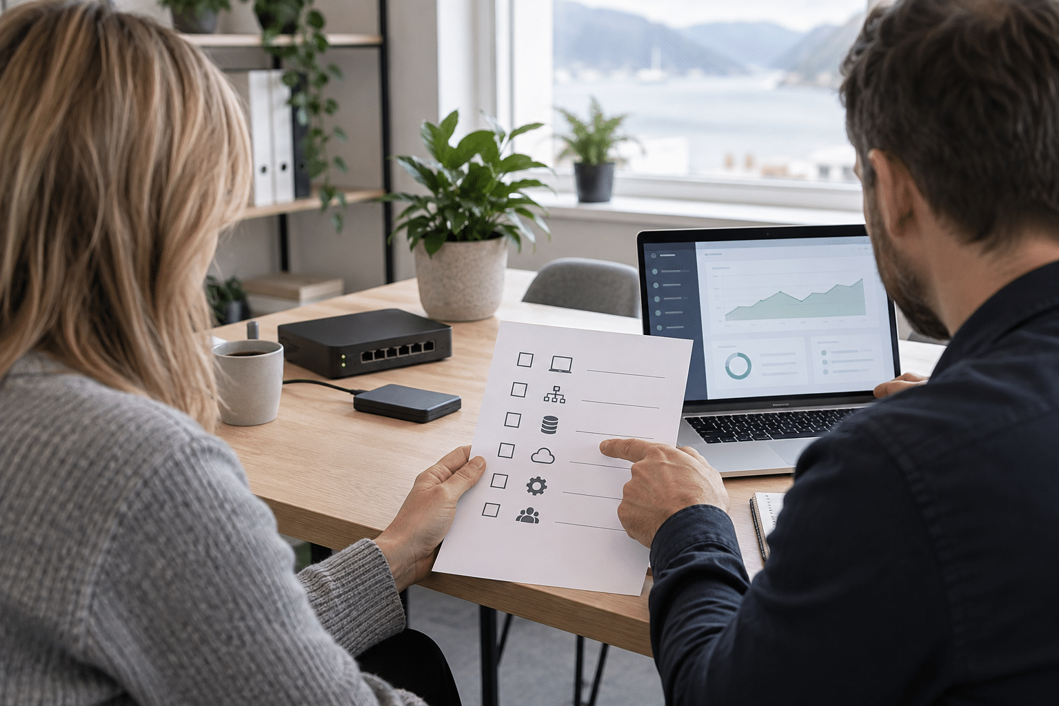 Bedriftseier og IT-rådgiver går gjennom en sjekkliste for systemer, tilganger og backup