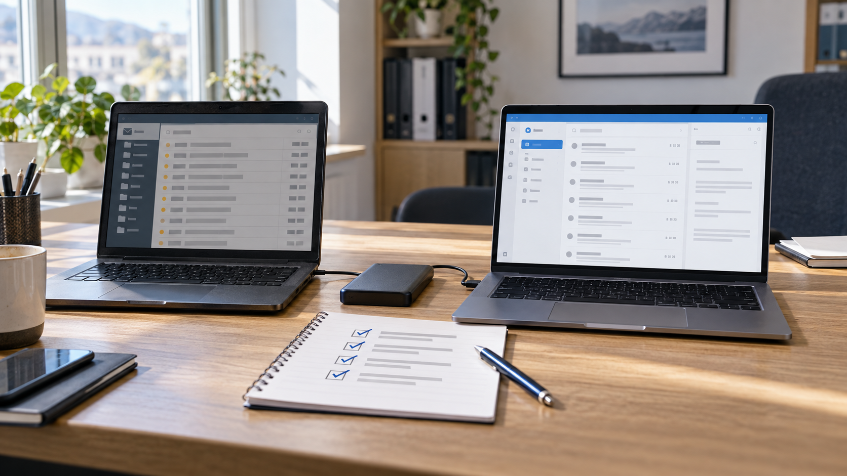 To datamaskiner med e-postsystemer, ekstern sikkerhetskopi og sjekkliste for migrering