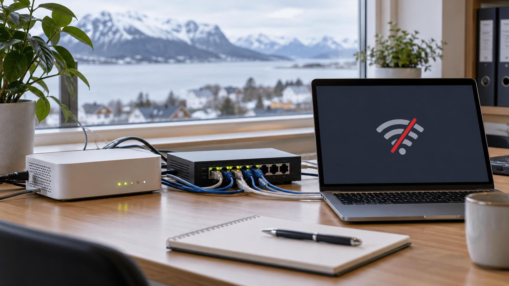 Ruter, nettverkssvitsj og bærbar PC som viser at Wi-Fi er frakoblet
