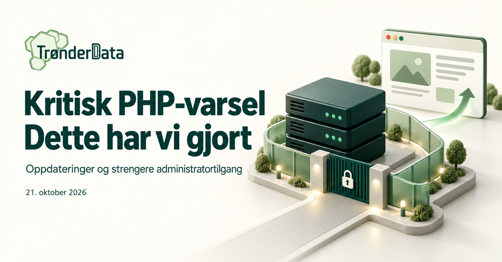 Illustrasjon av servere med begrenset administratortilgang og en offentlig nettside, med teksten «Kritisk PHP-varsel – Dette har vi gjort».