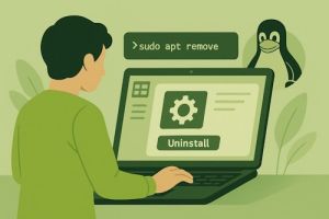 Illustrasjon av bruker som avinstallerer et program trygt i Linux med terminal og programhåndtering.