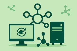 Illustrasjon av nettverksnoder og sentral hub som symboliserer restart av nettverkstjeneste i Linux.