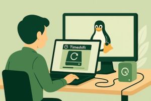 Illustrasjon av Linux-bruker som setter opp Timeshift for å ta backup.