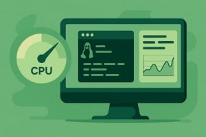 Illustrasjon av Linux CPU-overvåking med graf og terminal; fokus på CPU-prosesser.