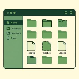 Illustrasjon av Debian filbehandler med skjulte filer synlige. (alt-tekst: Vise skjulte filer i Debian filbehandler