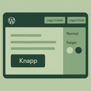 Skjermbilde av WordPress blokkeditor der en knapp legges til med tekst og lenke