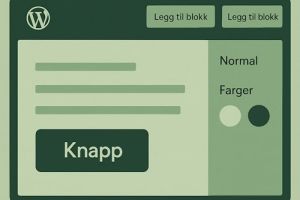 Skjermbilde av WordPress blokkeditor der en knapp legges til med tekst og lenke