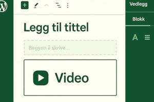 Skjermbilde av WordPress blokkeditor der en video settes inn via videoblokk