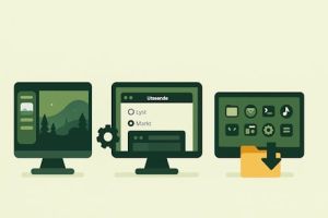 Illustrasjon av et Debian-skrivebord med ulike bakgrunner og temaer. (alt-tekst: Endre bakgrunn og tema i Debian