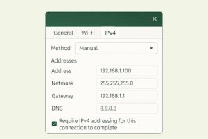 Skjermbilde av IPv4-innstillinger i Linux med manuell IP-adresse