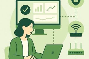 Illustrasjon av SMB-bedrift som administrerer hele nettverket via Omada-plattformen, med brannmur, WiFi og switcher i én løsning.