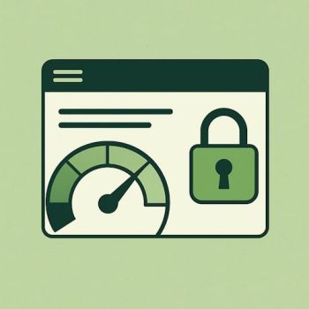 Illustrasjon av nettside ytelse og sikkerhet med hastighetsmåler og lås.